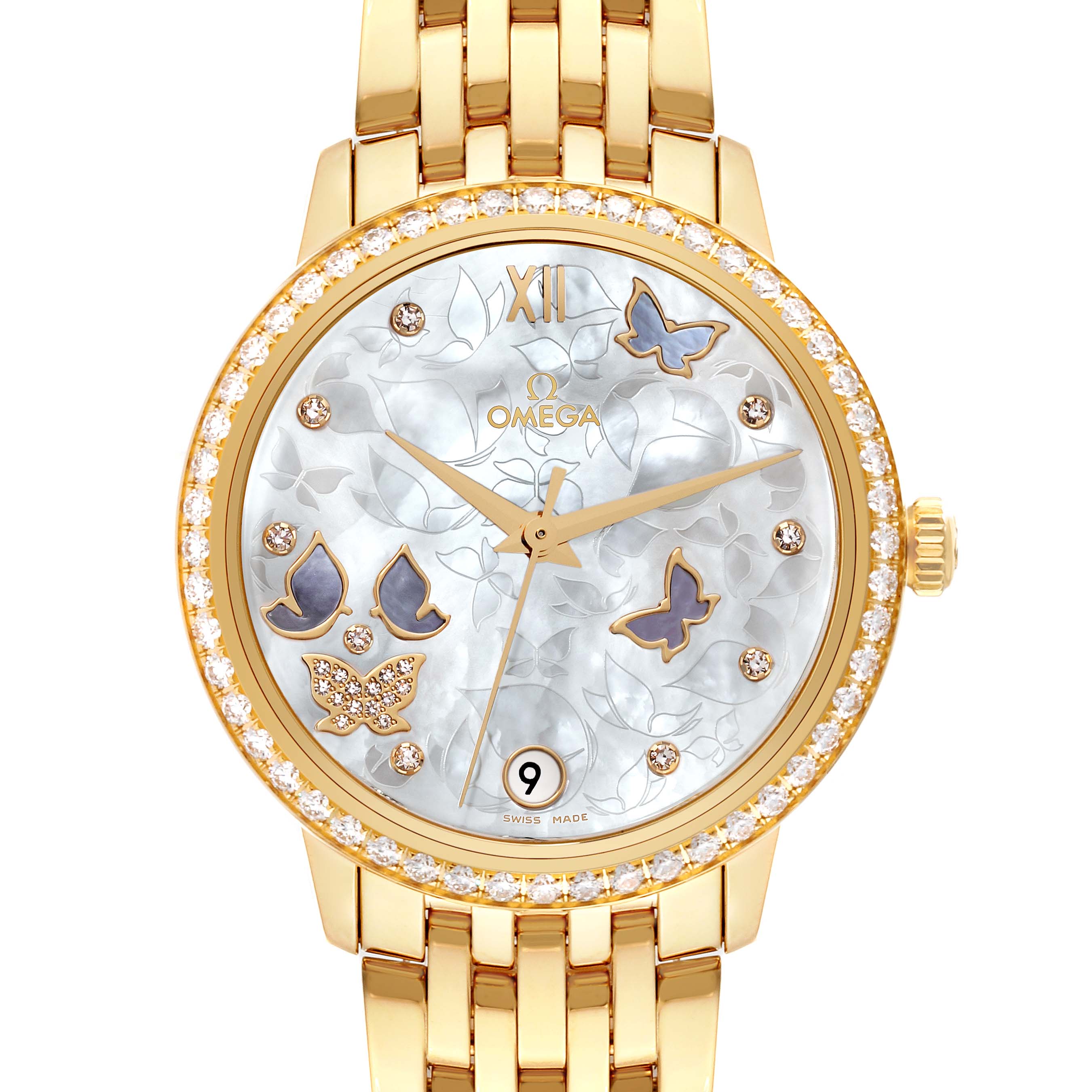 Omega DeVille Prestige Yellow Gold Mother of Pearl Diamond Ladies Watch 37.6 MM 424.55.33.20.55.005