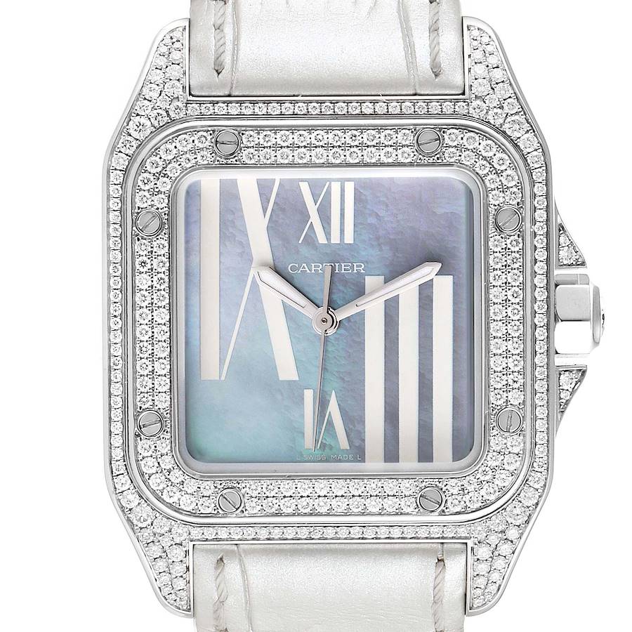 Cartier Santos 100 White Gold Blue Mother of Pearl Diamond Midsize Watch WM503251