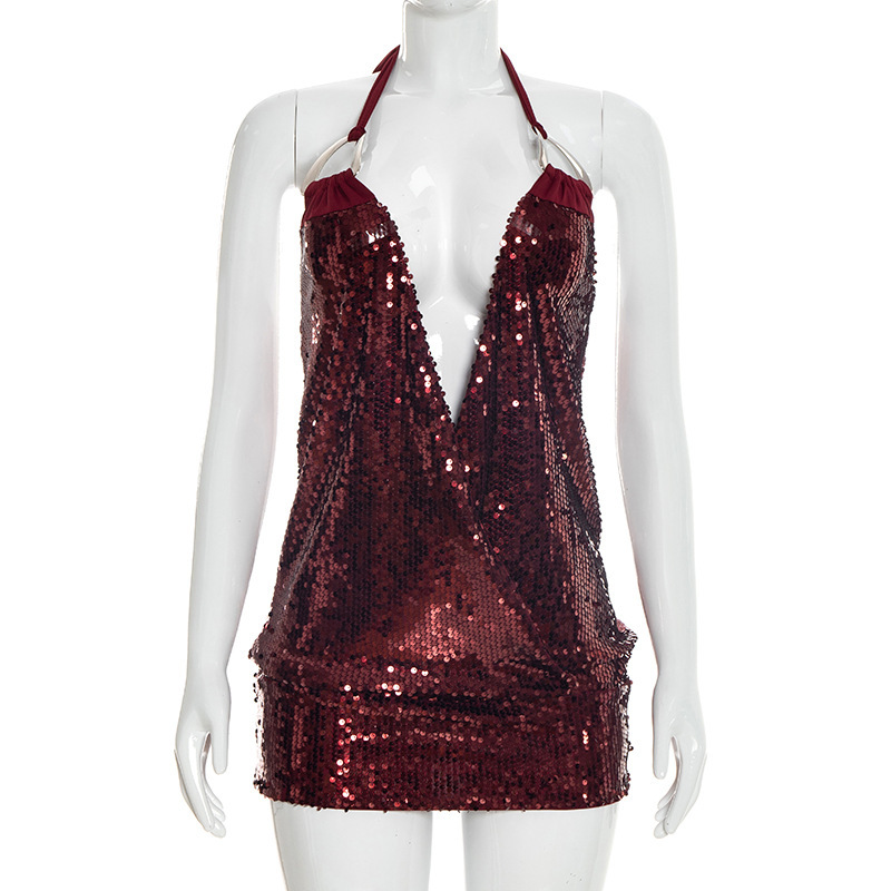 Women Spring Sexy V-Neck Sequined Hardware Buckle Neck Dress