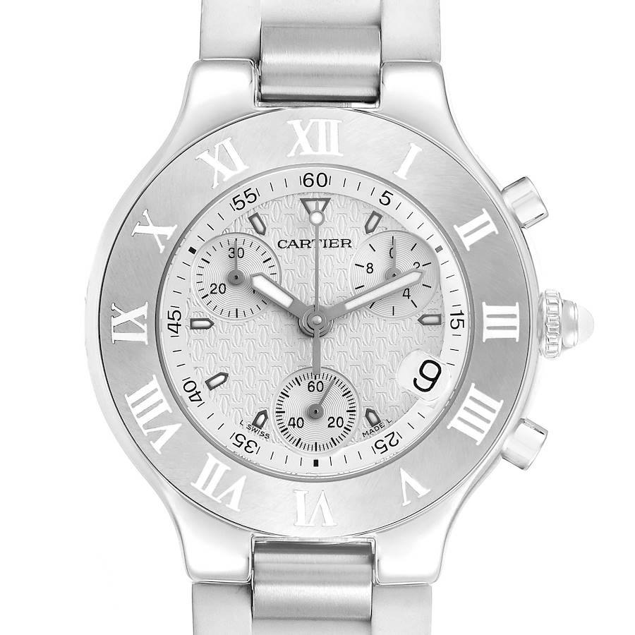 Cartier Must 21 Chronoscaph White Rubber Steel Ladies Watch W10184U2 Papers