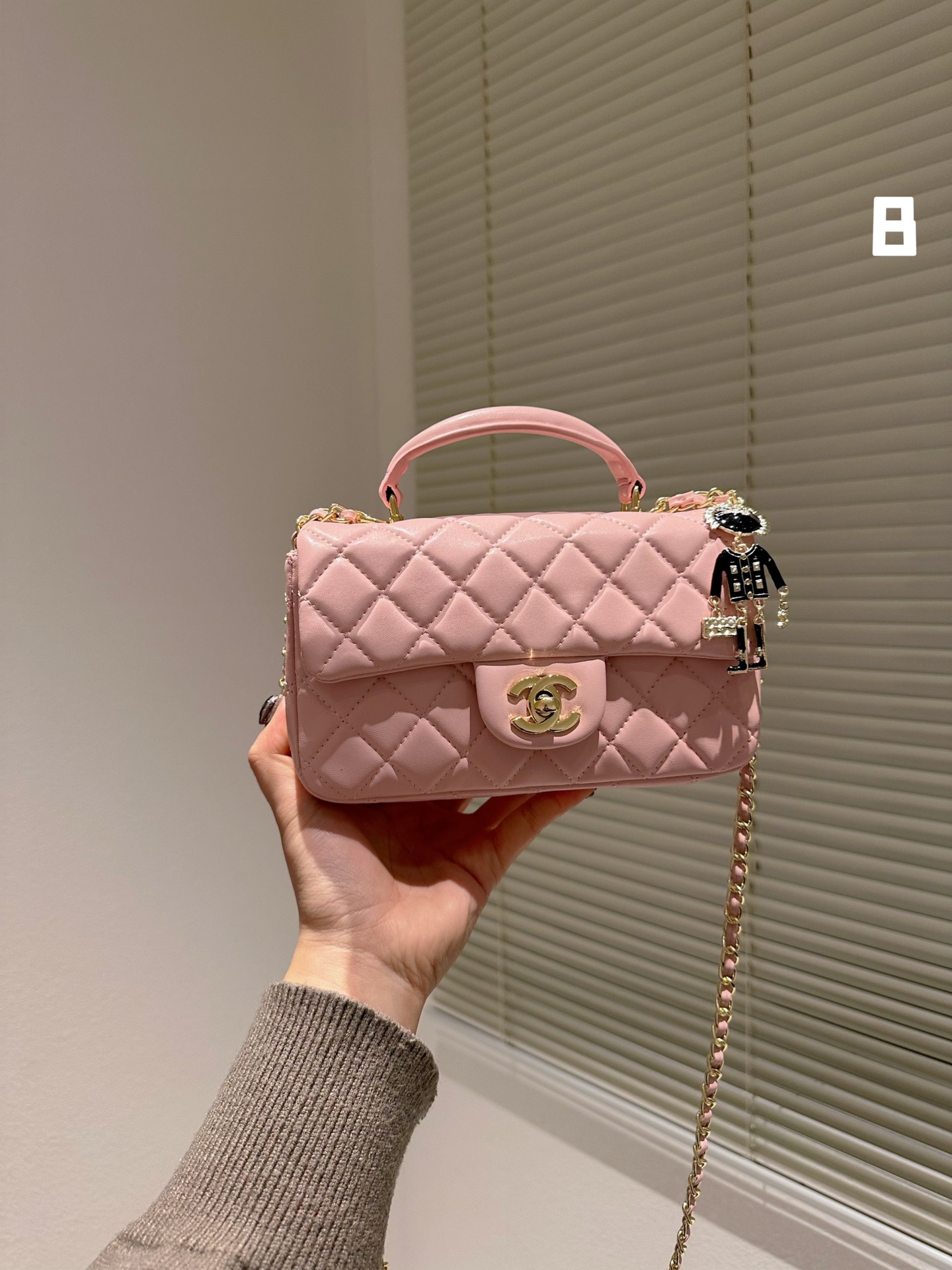 Chanel Mini Flap Bag With Top Handle Lion Charm Pink 21Cm