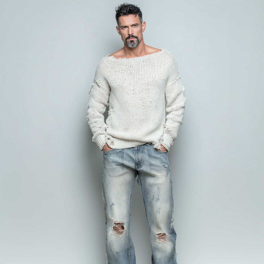 Men's Boat Neck Long Sleeve Drop Shoulder Distressed Knit Sweater