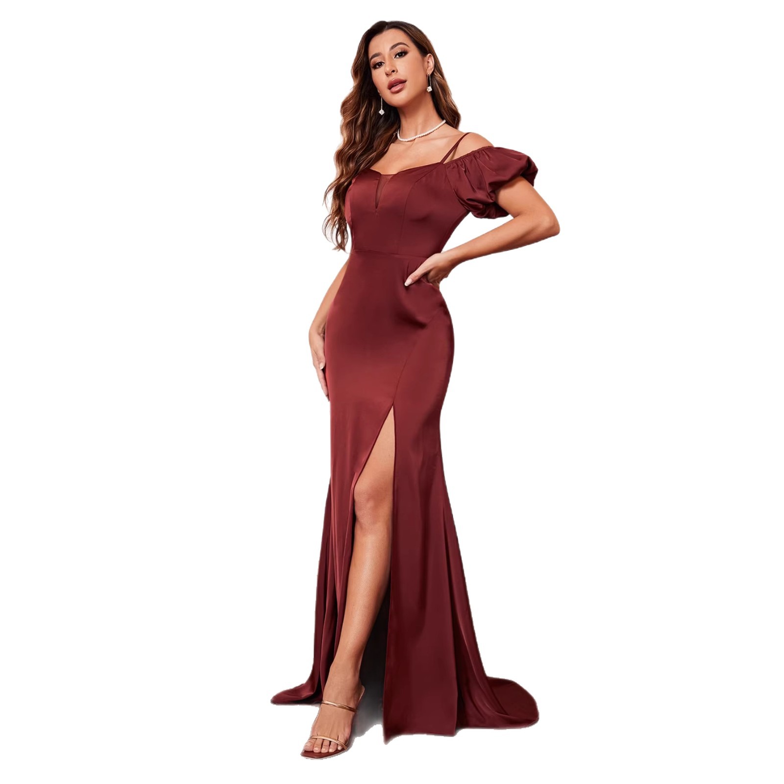 Women Burgundy Strappy Off-Shoulder Prom Elegant Dress