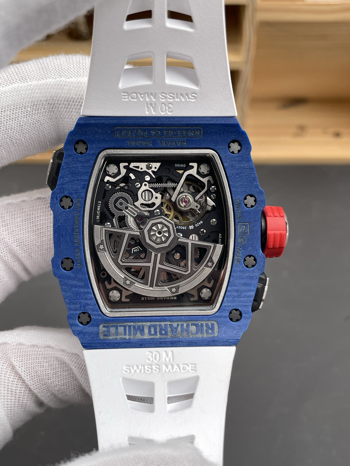 RM35-03 Carbon Fiber Blue Case White Strap