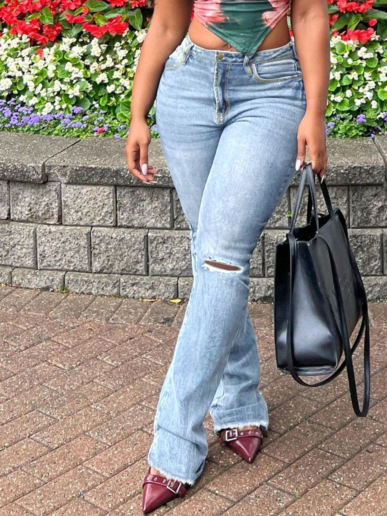 Women spring summer ripped bell bottom denim frayed bell bottom Pant