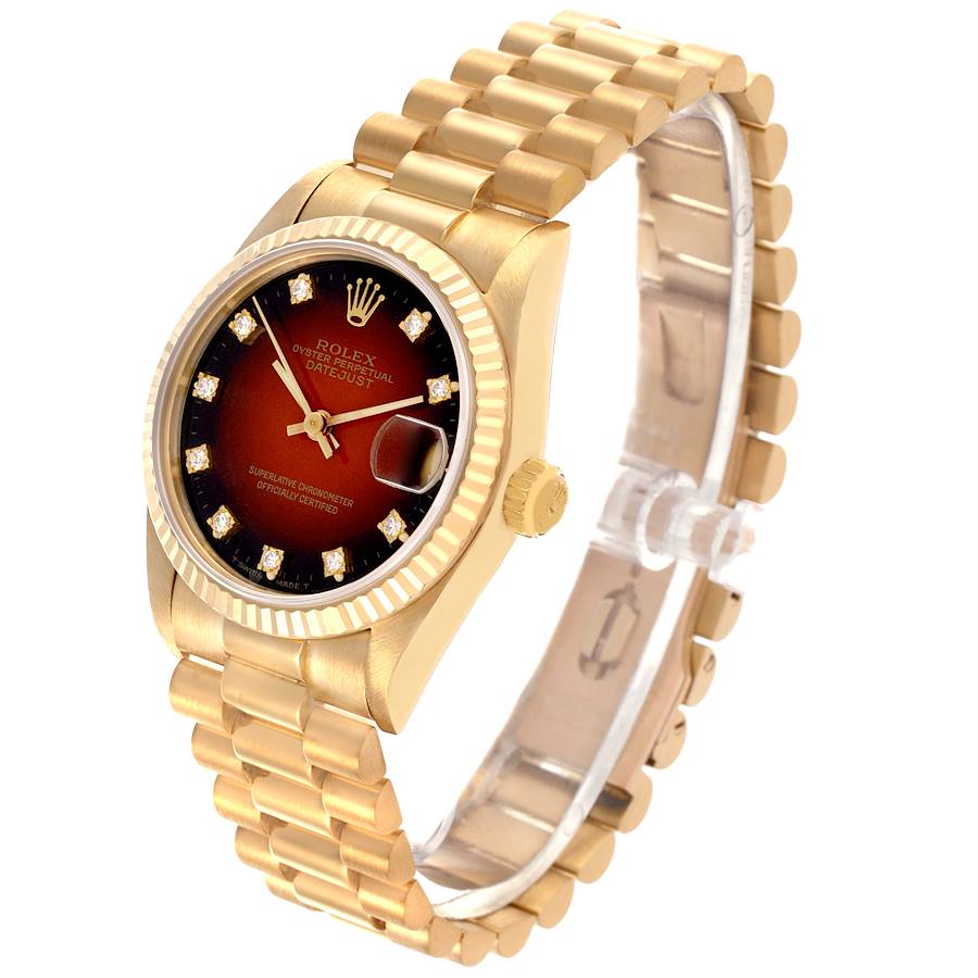 Rolex President Datejust Midsize Red Diamond Dial Yellow Gold Ladies Watch 68278