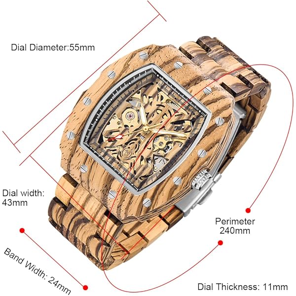 Men's Wooden Watch Triangle Skeleton Automatic Watch Mechanical Wood Watches for Men Brown&silver
