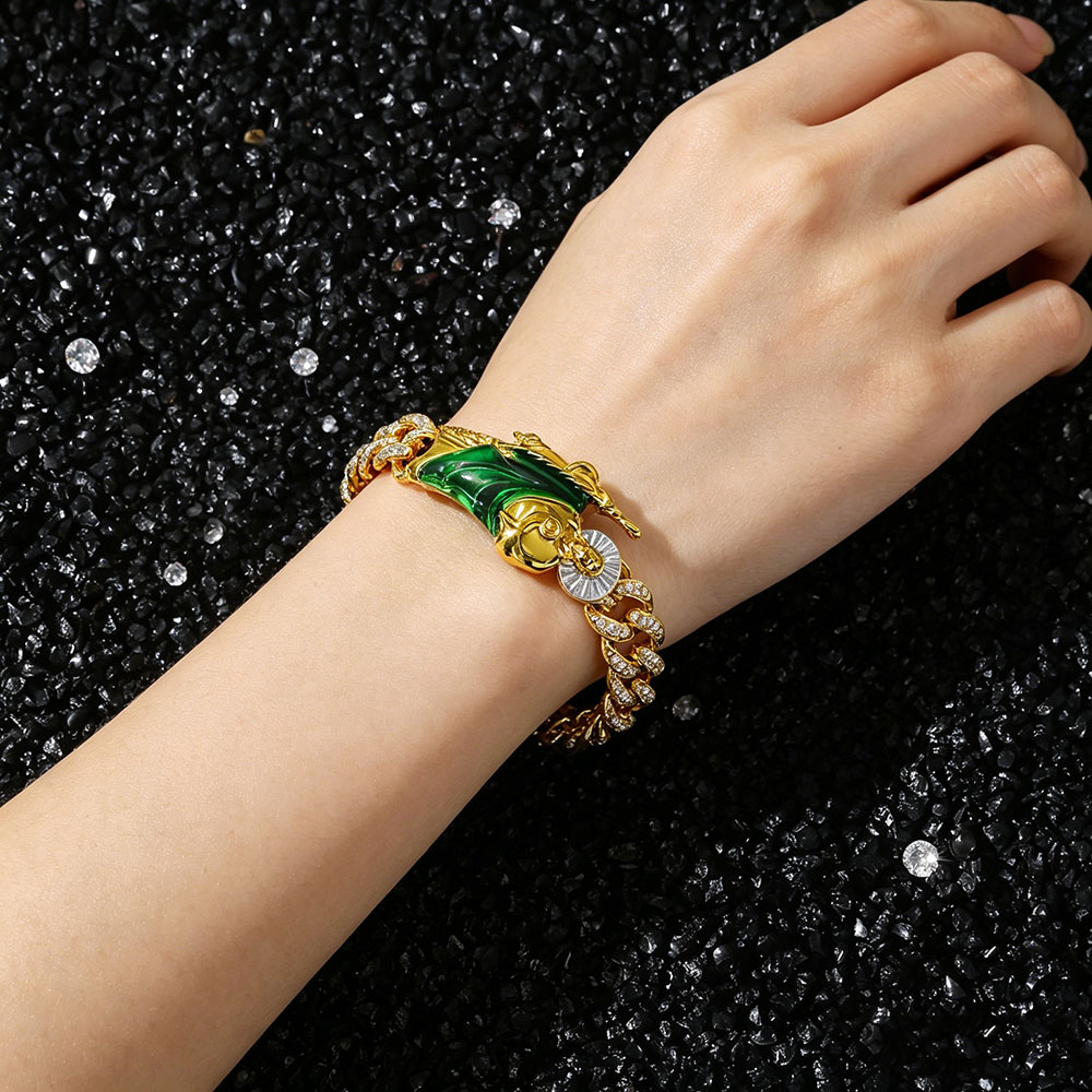 Divine Protection Cuban Link Bracelet - Green Enamel Saint Energy Amulet