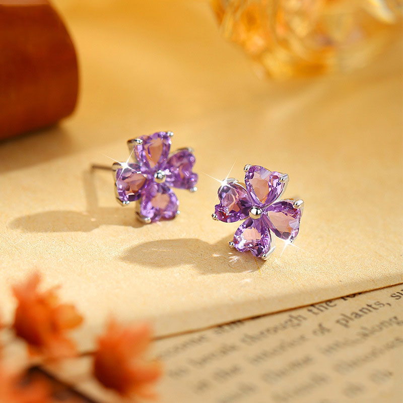 GemVibra Clover Stud Earrings, S925 Silver with Multi-Crystal Variants