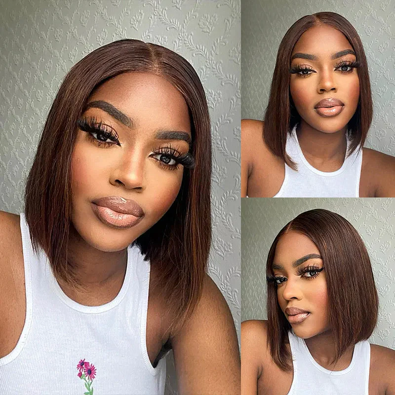 Megalook 6x5 Invisible Knots Glueless Chocolate Brown Straight Bob Wigs Realistic Hairline Beginner Friendly