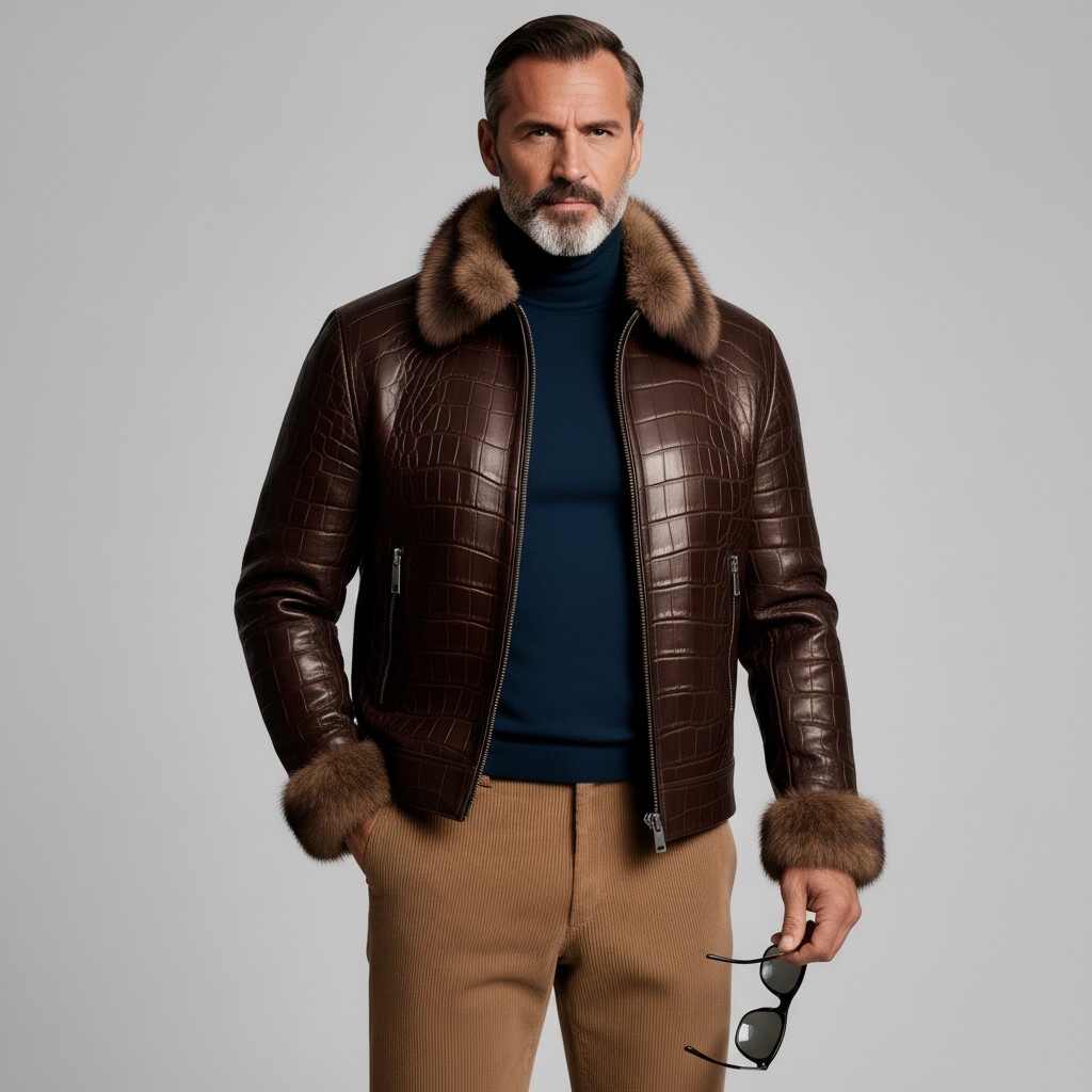 Men's Brown Fur Collar Long Sleeve Zipper Pocket Crocodile PU Leather Jacket