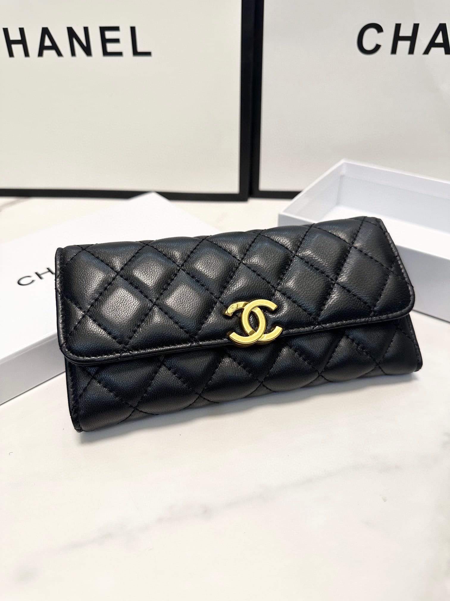 Chanel Cc Logo Long Flap Wallet Gold Black 19Cm