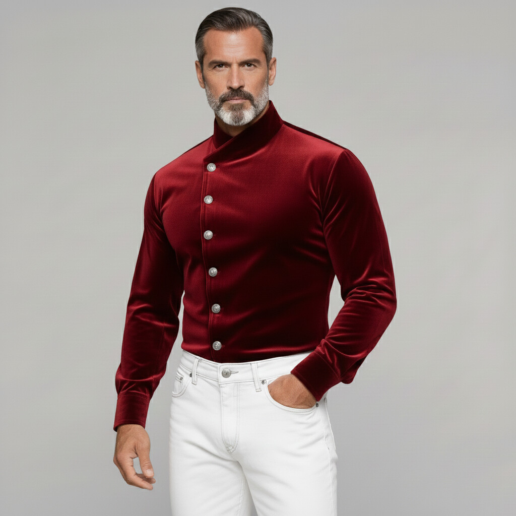 Men's Burgundy Stand Collar Long Sleeve Single Breasted Velvet Shirts