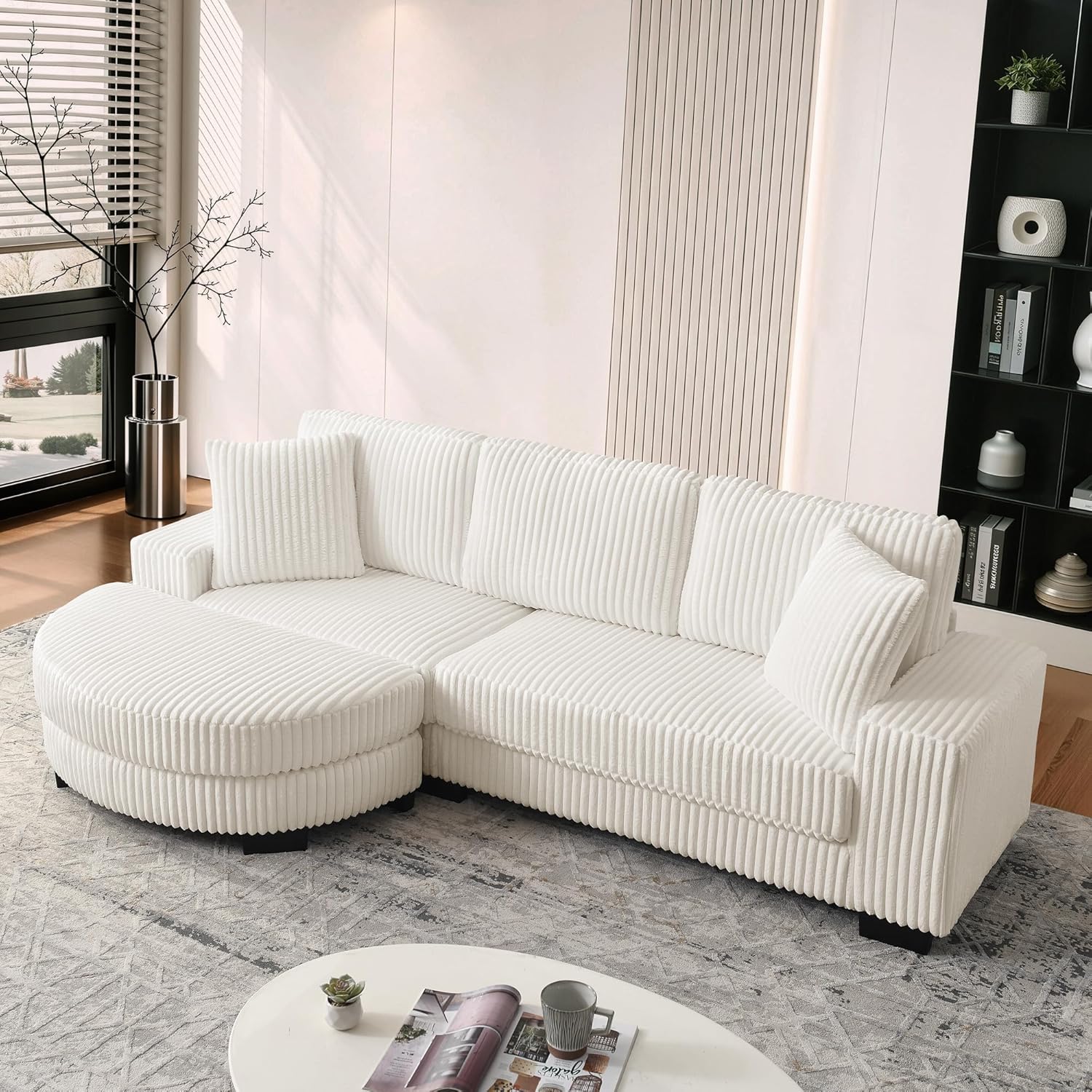 Modular Corduroy Sofa with Ottoman and Cushions