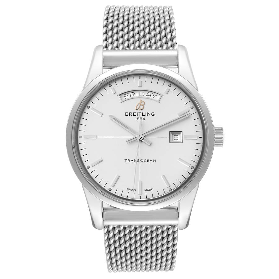Breitling Transocean Silver Dial Mesh Bracelet Steel Mens Watch A45310