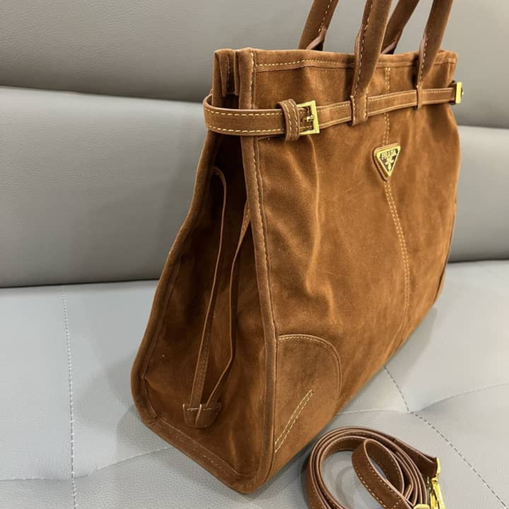 Prada Bonnie Large Suede Handbag Brown 38Cm 1Ba433 2C4S F0401 V Moo