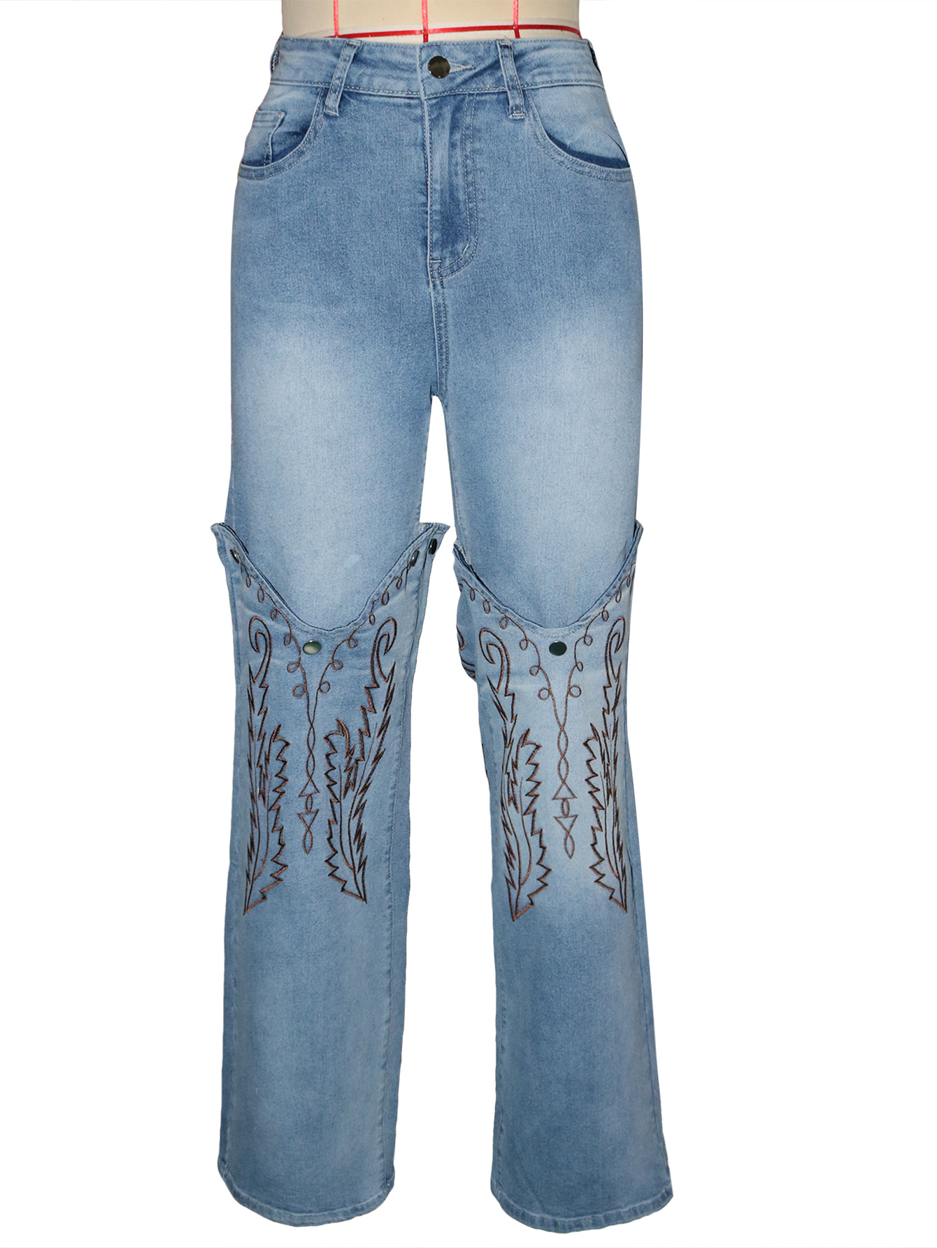 Women's Fashion Embroidered Blue High-Waisted Wide-Leg Denim Pants