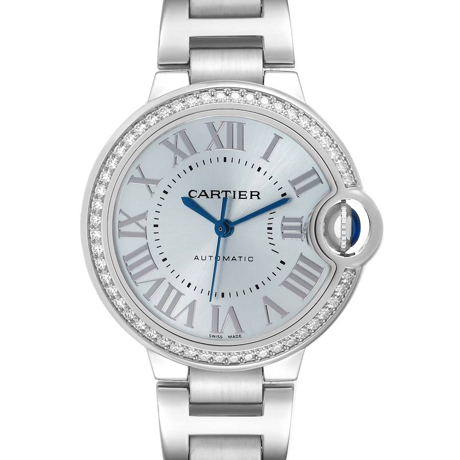 Cartier Ballon Bleu 33mm Blue Silver Diamond Dial Steel Watch W4BB0028
