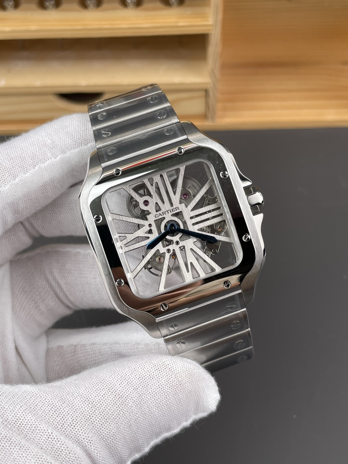 Santos Skeleton Series Steel Watch with Blue Hands V2 Version