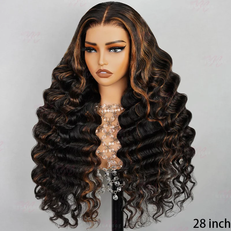 Megalook Bogo Free 13x4 Lace Frontal Auburn Highlight On Black Loose Curly Wigs Breathable Cap