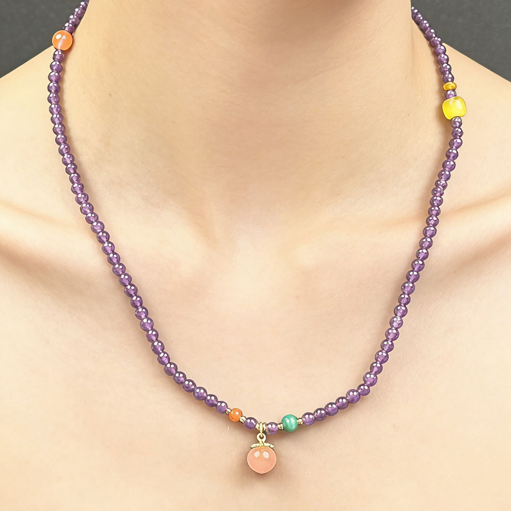 4mm Amethyst Peach Necklace | Spiritual Protection, Calm & Positive Energy