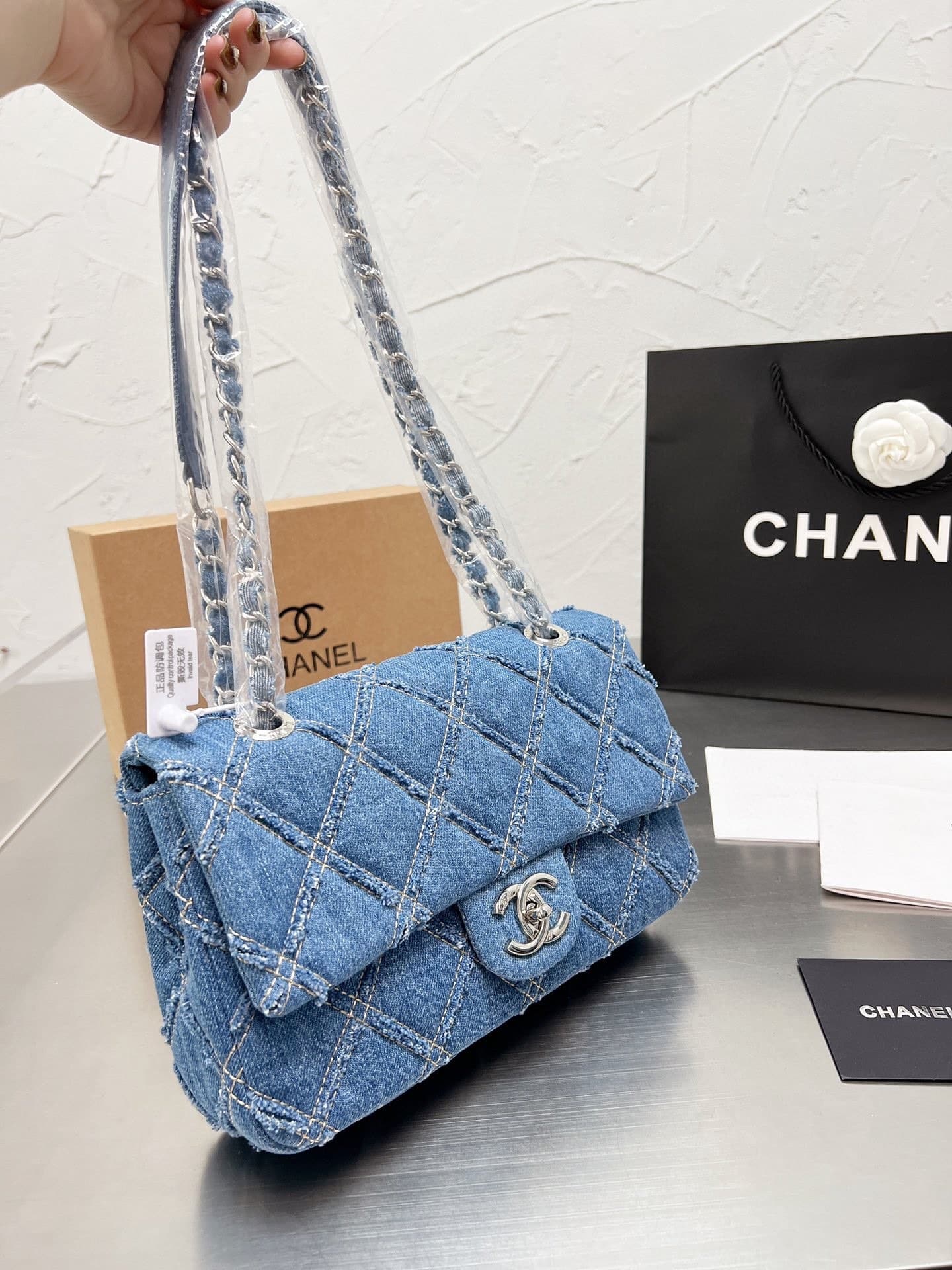 Chanel Cc Chain Flap Quilted Denim Jumbo Blue 25Cm