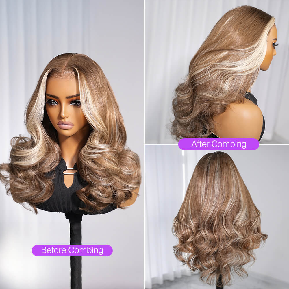 Megalook 13x6 Three-Go™ Light Brown With Blonde Highlights Body Wave Wigs Pre-cut Lace Beginner Friendly