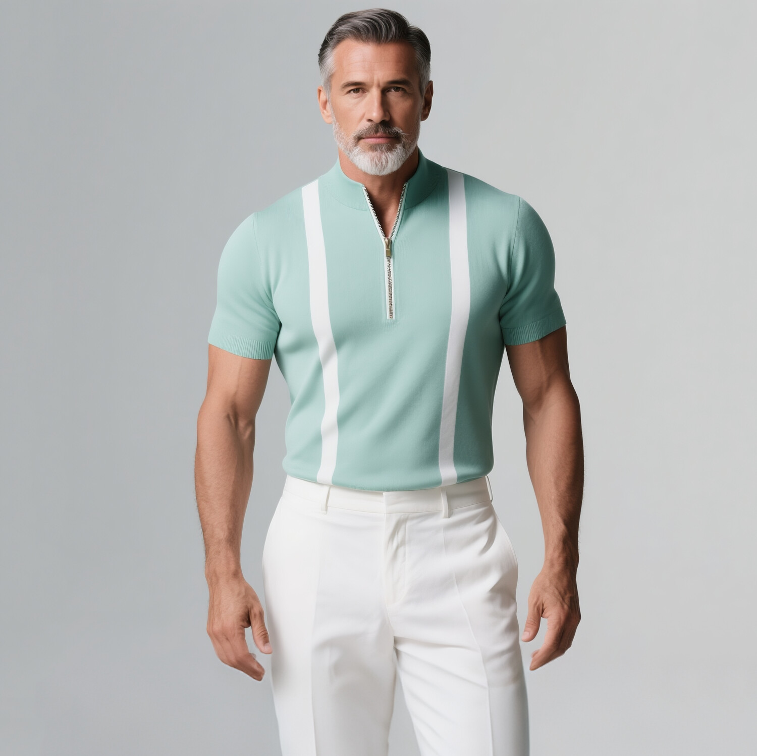 Men's Stand Collar Half Zip Short Sleeve White Striped Shirt