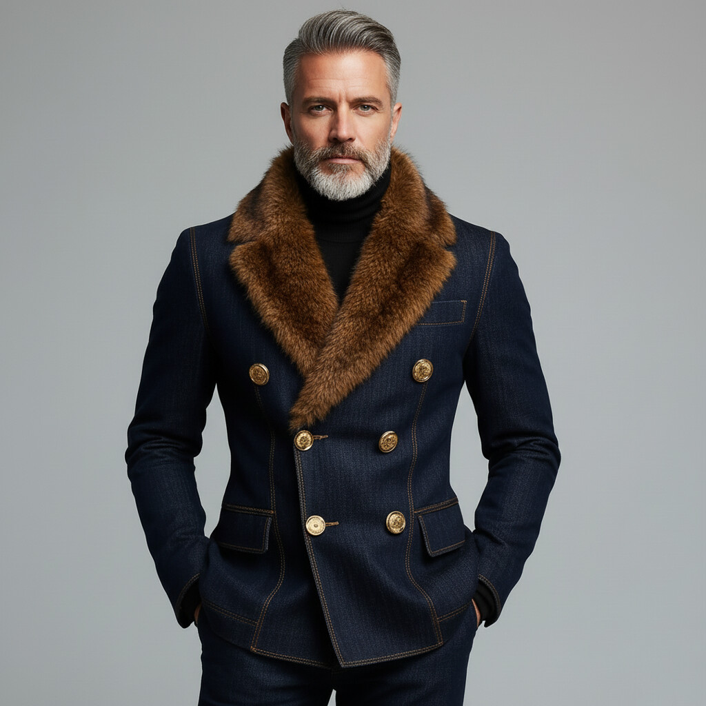 Men's Navy Blue Furry Collar Double Breasted Long Sleeve Denim Blazer
