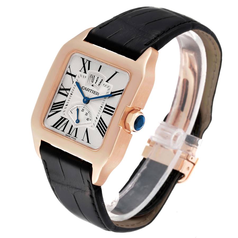 Cartier Santos Dumont Rose Gold Silver Dial Black Strap Mens Watch W2020067