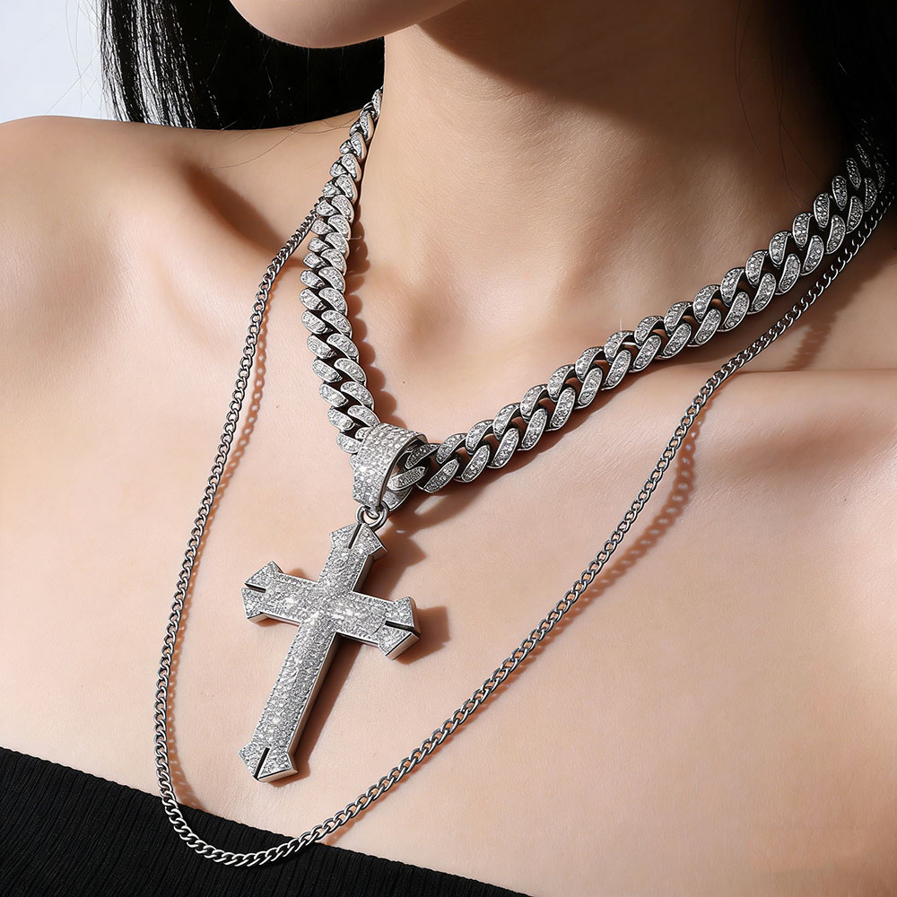 Dual Tone Cross Cuban Necklace, Protection & Divine Faith Energy Talisman
