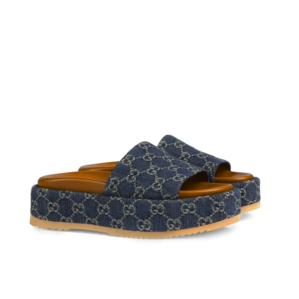 Gucci Women’s Platform Slide Sandal GG Denim Blue ‎623212 2KQ00 4402
