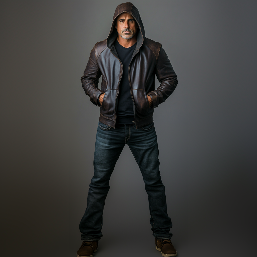 Men's PU Leather Slant Pocket Zipper Long Sleeve Hooded Jacket