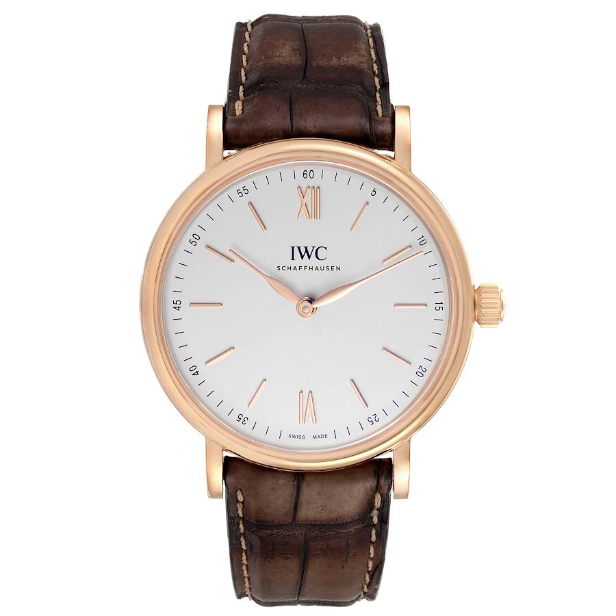 IWC Portofino 18k Rose Gold Silver Dial Brown Strap Mens Watch IW511101