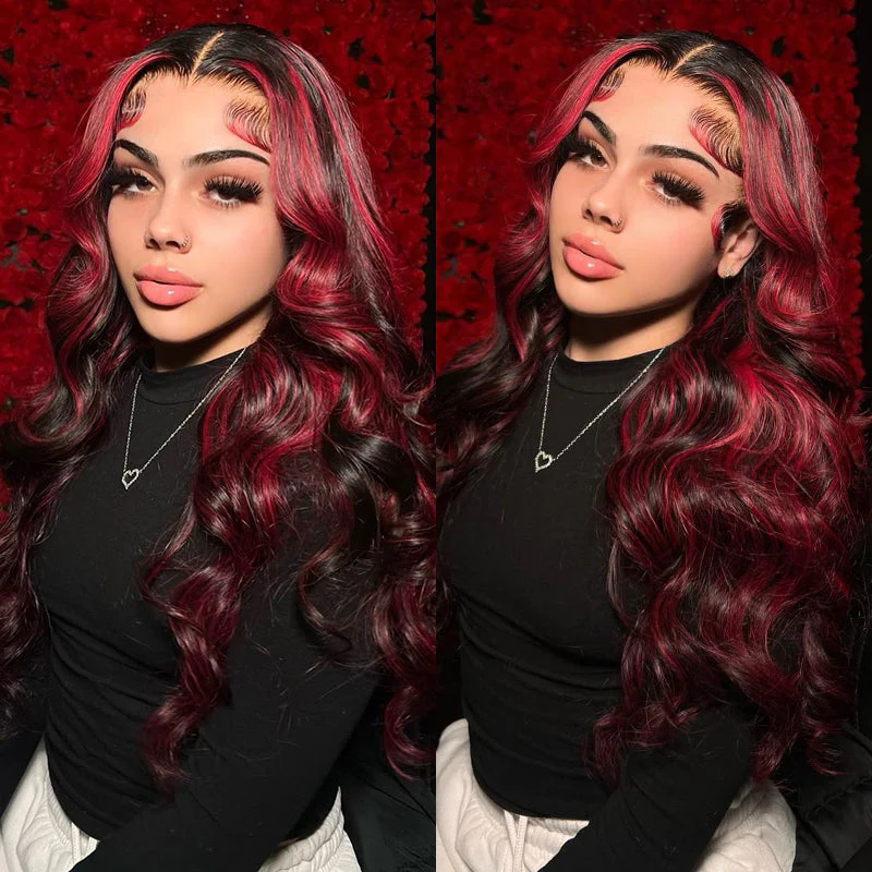 Megalook Bogo Free 28-30Inch New Dark Burgundy With Rose Red Highlights 13x4 Lace Front Hand Curls Wig
