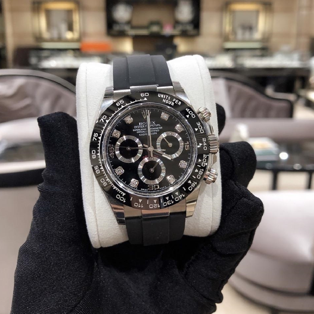 Rollie-The Crown Daytona White Gold Black Dial Oysterflex Strap 116519LN-0025 Unworn