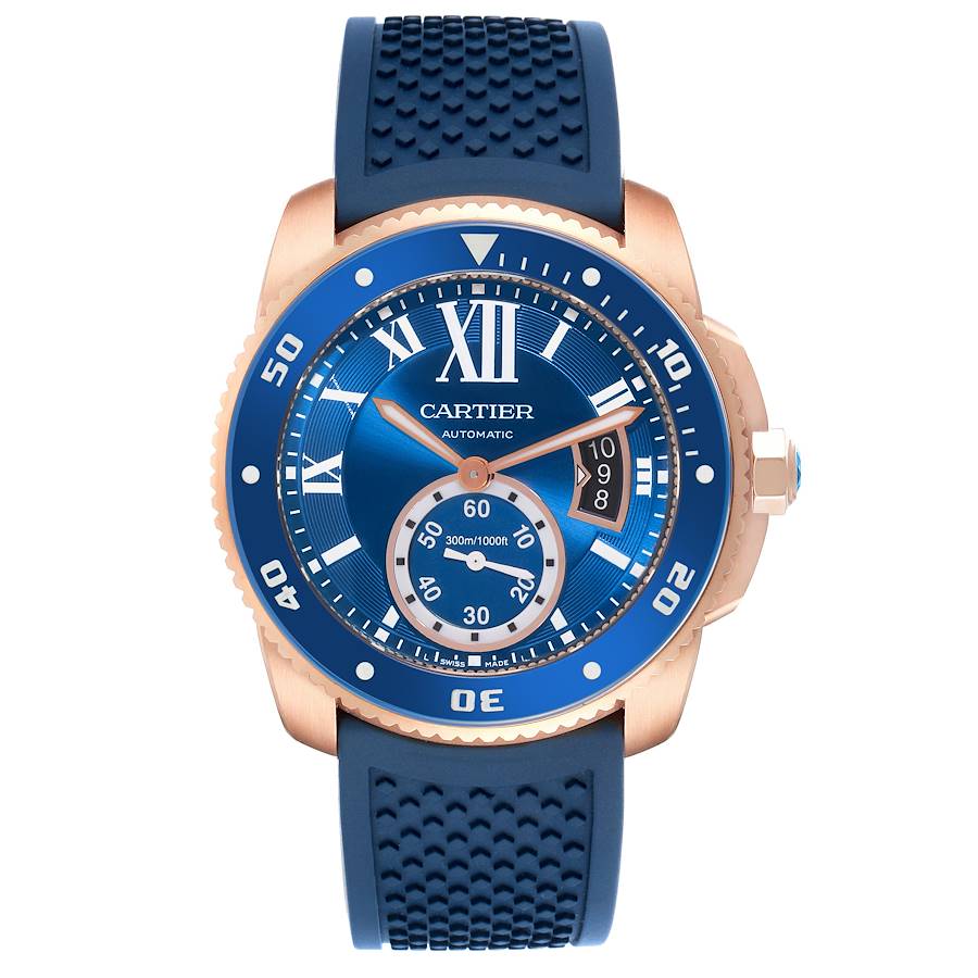 Cartier Calibre Rose Gold Blue Dial Automatic Mens Watch WGCA0010