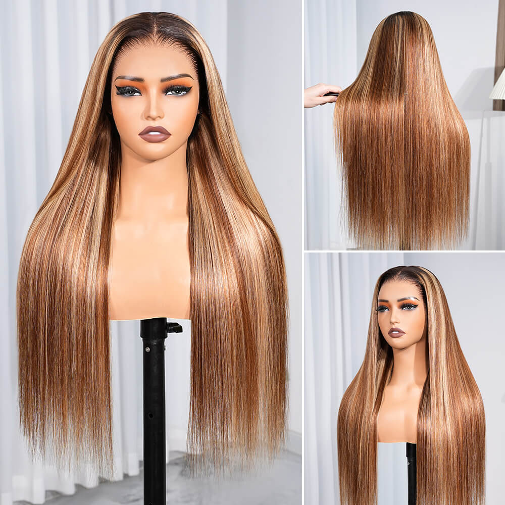 Megalook 13x6 Three-Go™ Highlight Honey Blonde Glueless Wigs Silky Straight With Drawstring 100% Human Hair Wig