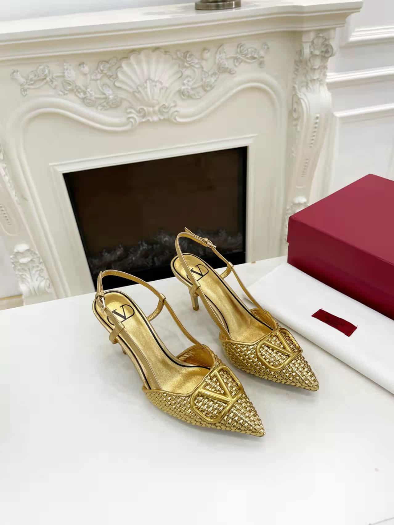 Valentino Garavani Vlogo Woven Leather Slingback Pumps Gold