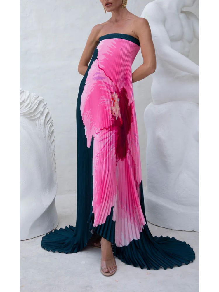 Floral Strapless Pleated Swing Maxi Dress