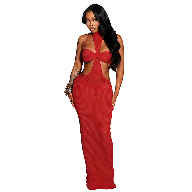 Women Sleeveless Sexy Ribbed Hollow-Out Halter Maxi Dress