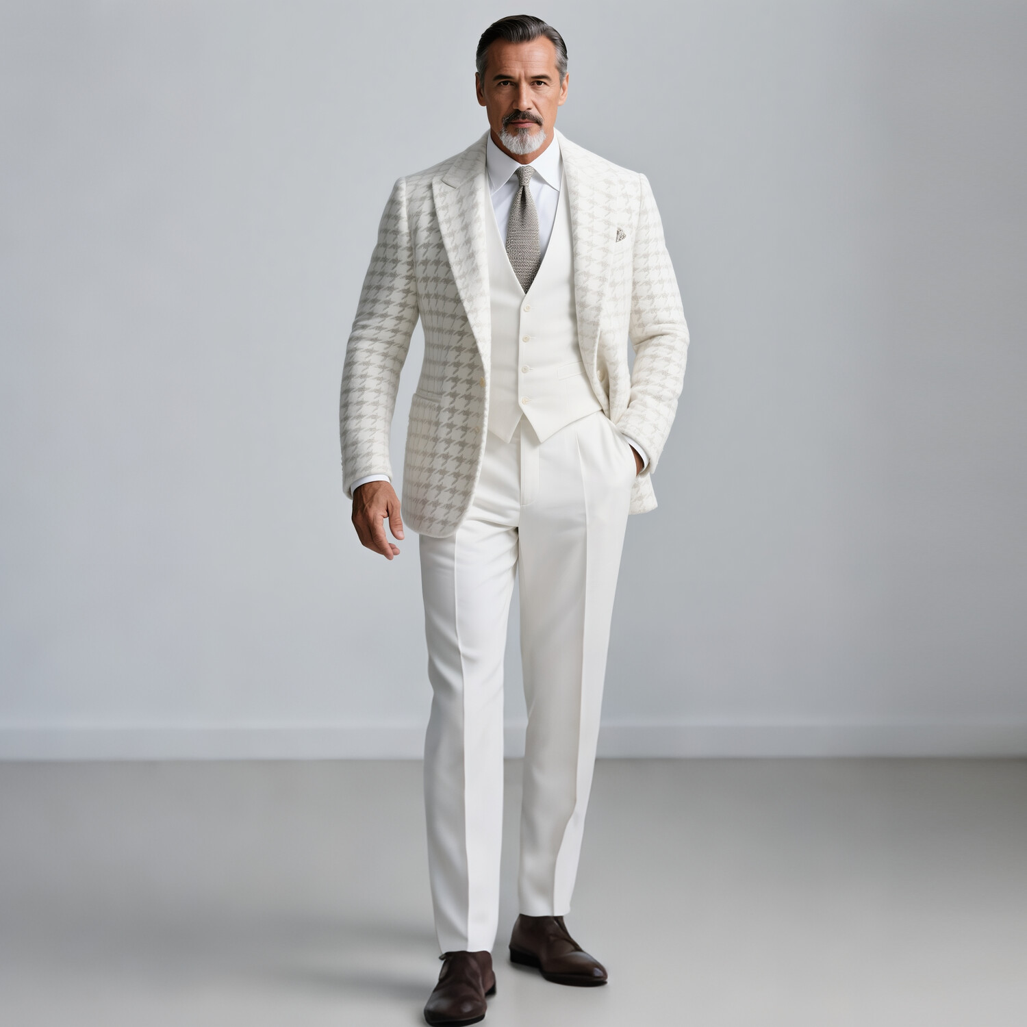 Men's Business Peak Lapel Long Sleeve Single Breasted Chest Pocket Houndstooth Pattern Blazer