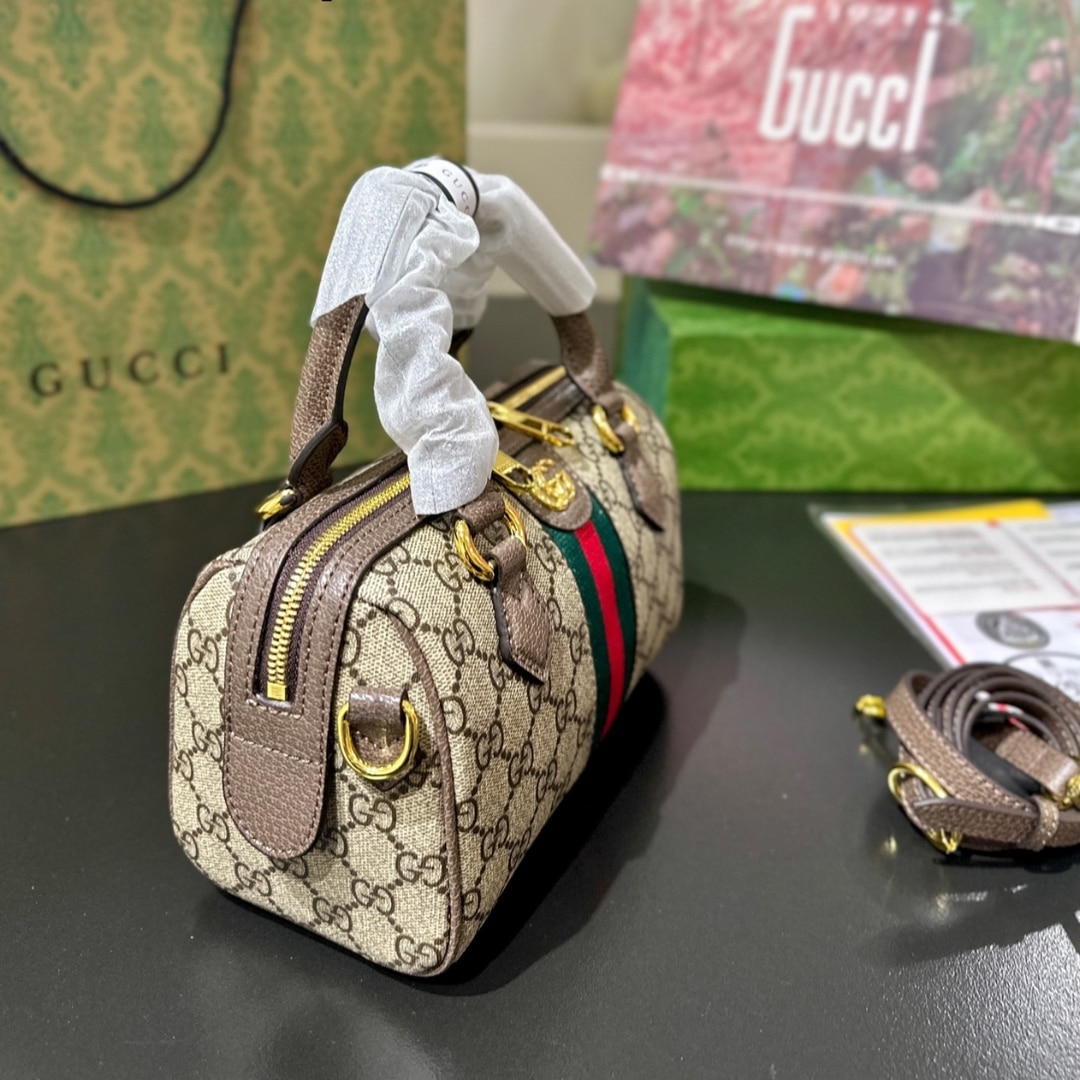 Gucci Ophidia Small Boston Bag GG Monogram Beige And Dark Brown 22Cm 772053 96IWG 8745