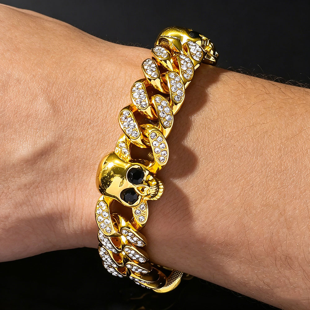 GemVibra Rhinestone Skull Cuban Link Zinc Alloy Bracelet