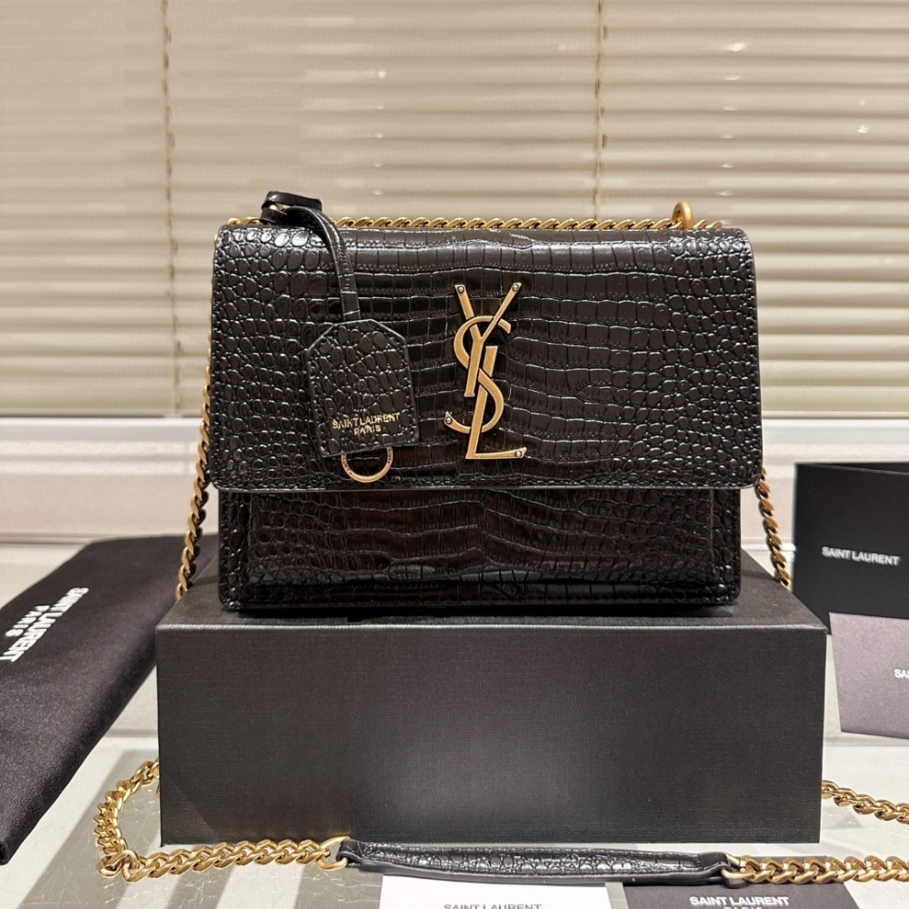 Saint Laurent Sunset Medium In Crocodile Embossed Leather Black 22cm 442906dnd0j1000