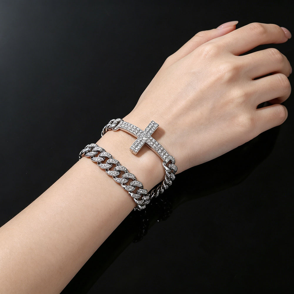 GemVibra Rhinestone Cross Cuban Link Zinc Alloy Bracelet