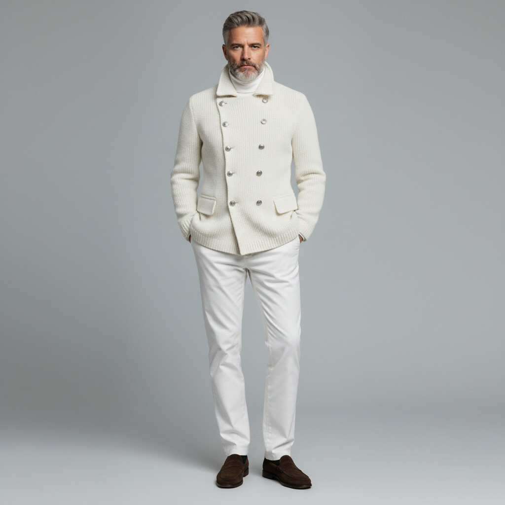 Men's White Ribbed Knit Double Breasted Turndown Collar Long Sleeve Sweater Cardigan