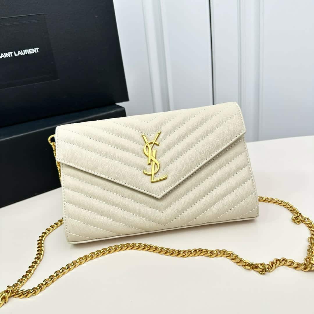 Saint Laurent Classic Cassandre Chain Wallet In Grain De Poudre Leather White 24Cm 377828BOW019207