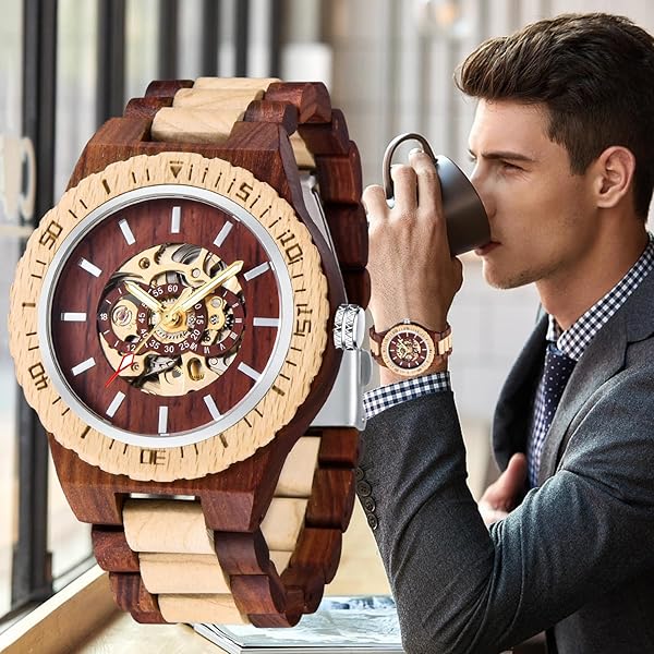 No Battery Fashion Mechanical Wooden Watch for Men, Mechanical Movement Wooden Strap Men's Watch for Father's Day, Birthday M811-red white