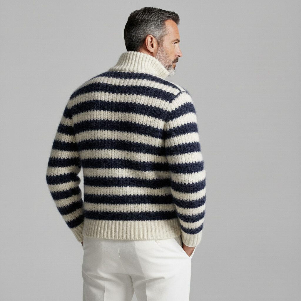 Men's Navy Blue Striped Stand Collar Half Zip Long Sleeve Knit Sweater